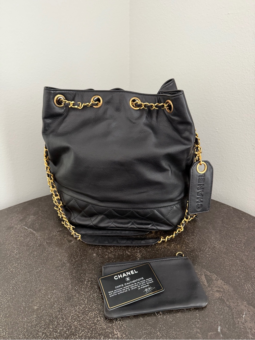 Chanel 0 Series Vintage Black Quilted Leather Bucket Bag with Gold Chain